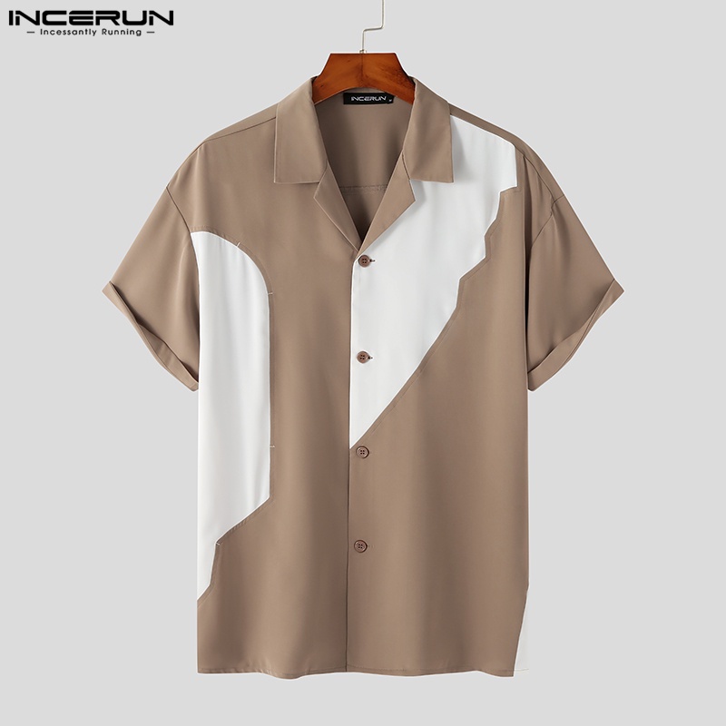Áo sơ mi Incerun tay ngắn cài nút ghép màu phong cách dự tiệc cho nam