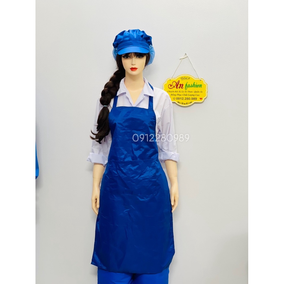 Tạp dề yếm chống thấm nước có túi màu xanh dương, tạp dề thủy sản _ Hình chụp thật