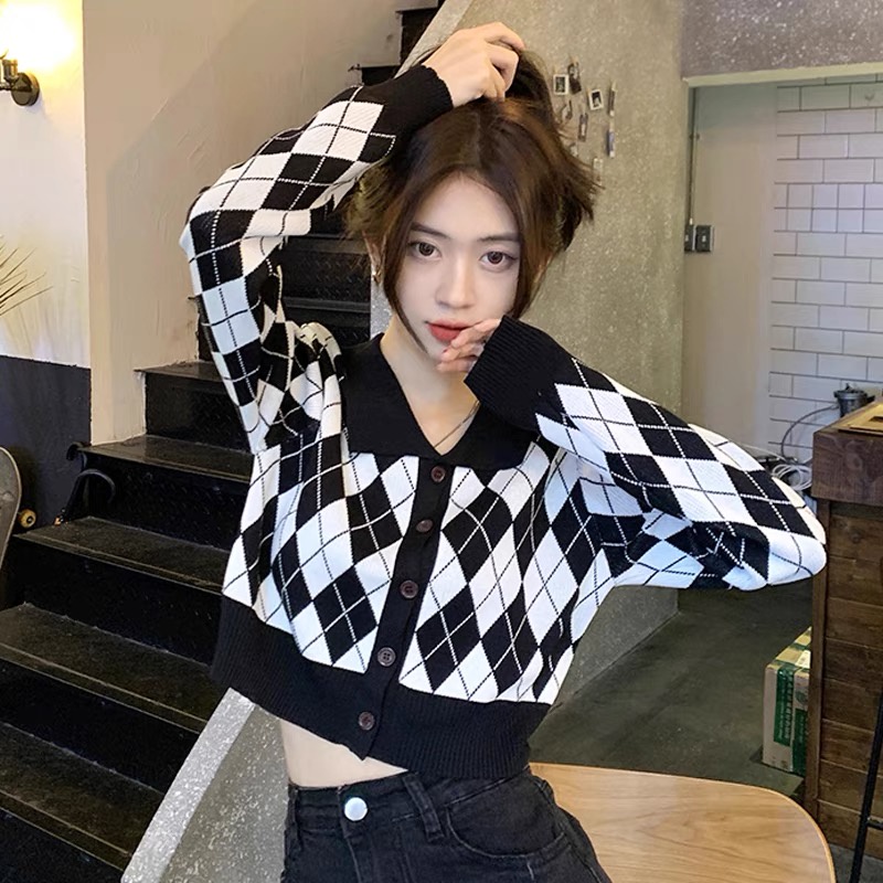 Áo Sweater polo len dài tay, Khoác len cảdigan croptop, cardigan lửng hoạ tiết quả trám caro
