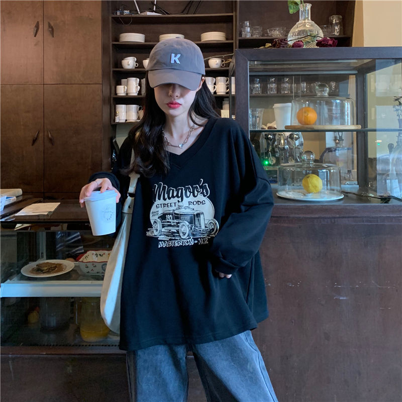 Áo thun dài tay cổ V in họa tiết xinh xắn hợp thời trang cho nữ