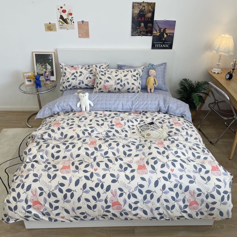 Set Bộ Vỏ Chăn Ga Gối Cotton Poly Thỏ Và Lá, Chất Vải Đanh Mát _shinbedding