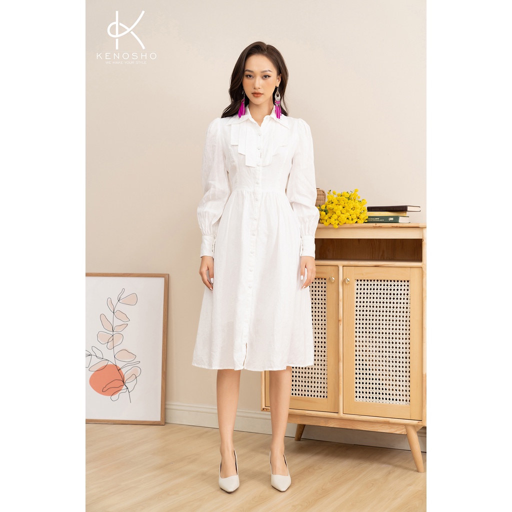 K182 Đầm Linen Trắng Cổ Đức Cúc Dọc Thân