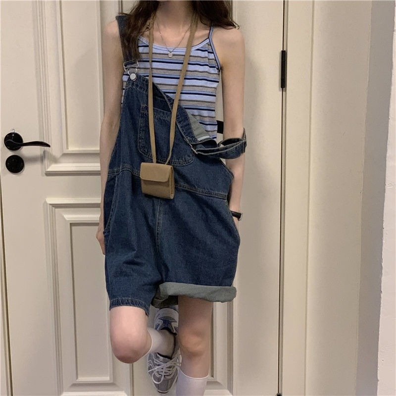 Quần yếm denim ống rộng lưng cao thời trang cho nữ