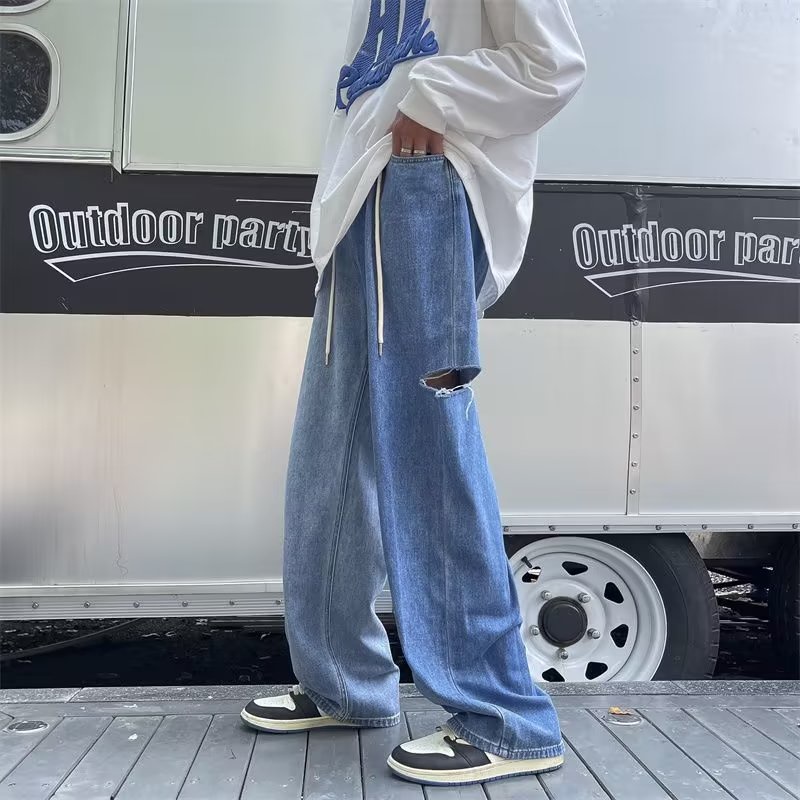 Quần jeans Dài Lưng Thun Phối Vết Rách Phong Cách Hip Hop Hàn Quốc Cho Nam Giới Size S-3XL