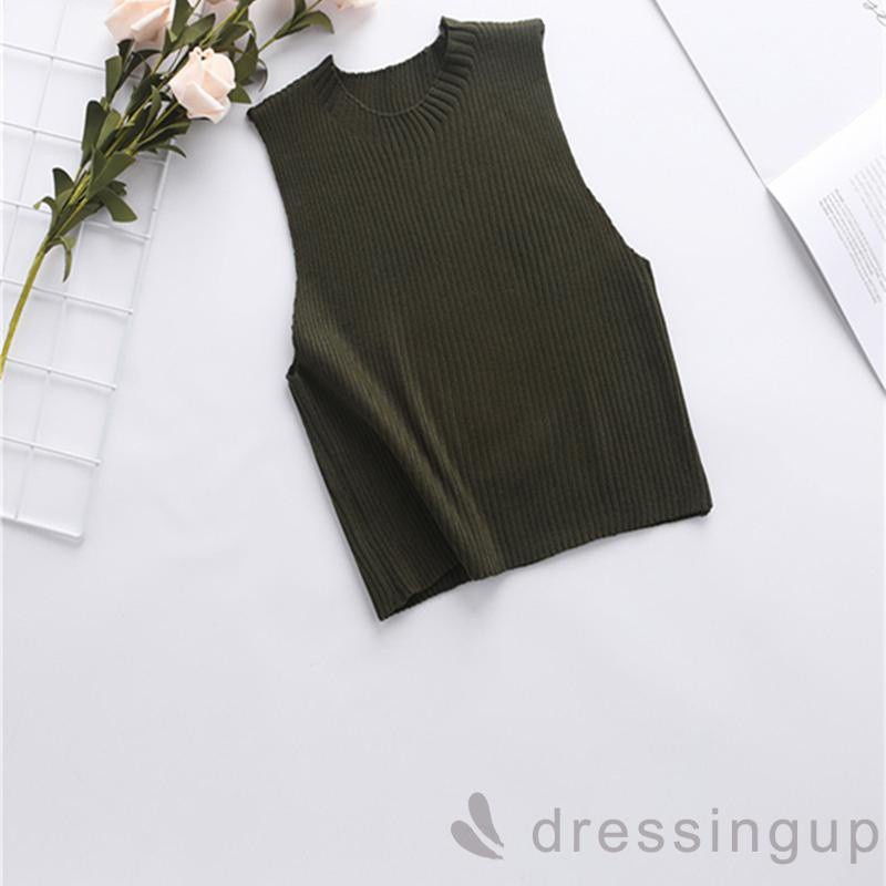 Áo Dệt Kim Sát Nách Cổ Tròn Màu Sắc Đơn Giản Cho Nữ