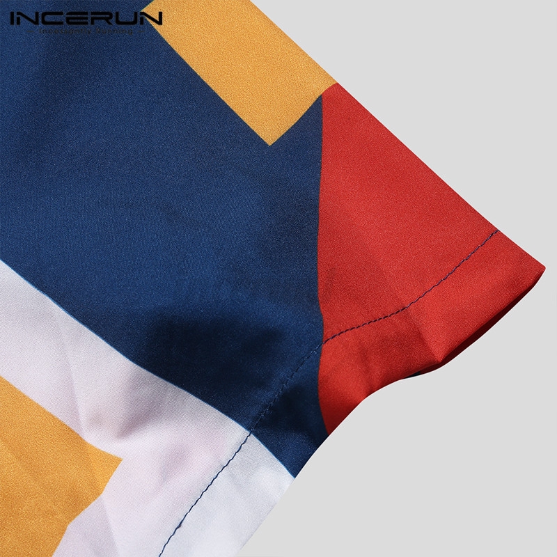 INCERUN Mens Casual Geometric Print Short Sleeve Button Lapel Shirt