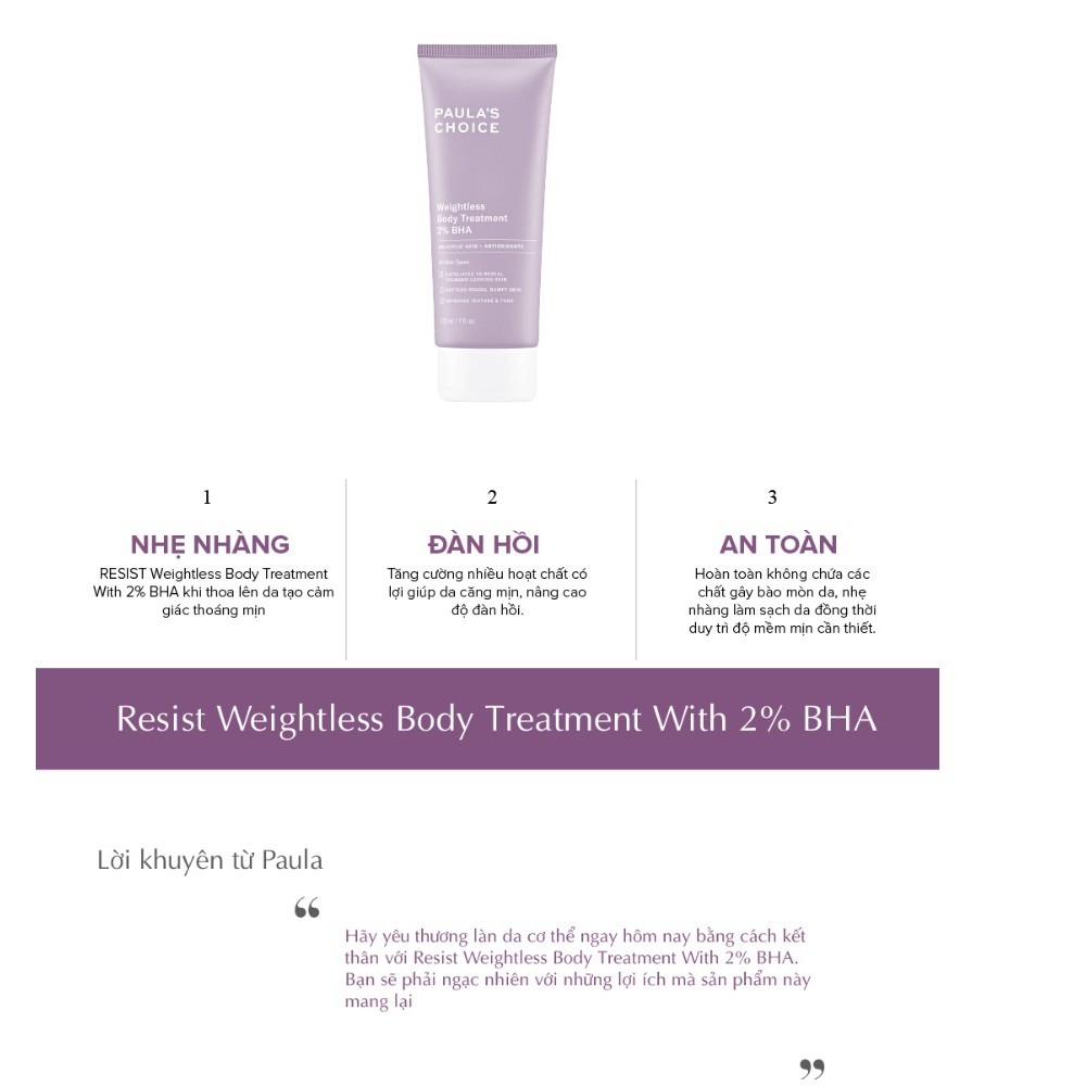 Kem Dưỡng Thể BHA Giảm Vấn Đề Về Lỗ Chân Lông 2% Paula's Choice Weightless Body Treatment 2% Bha 60ml 5707 | BigBuy360 - bigbuy360.vn