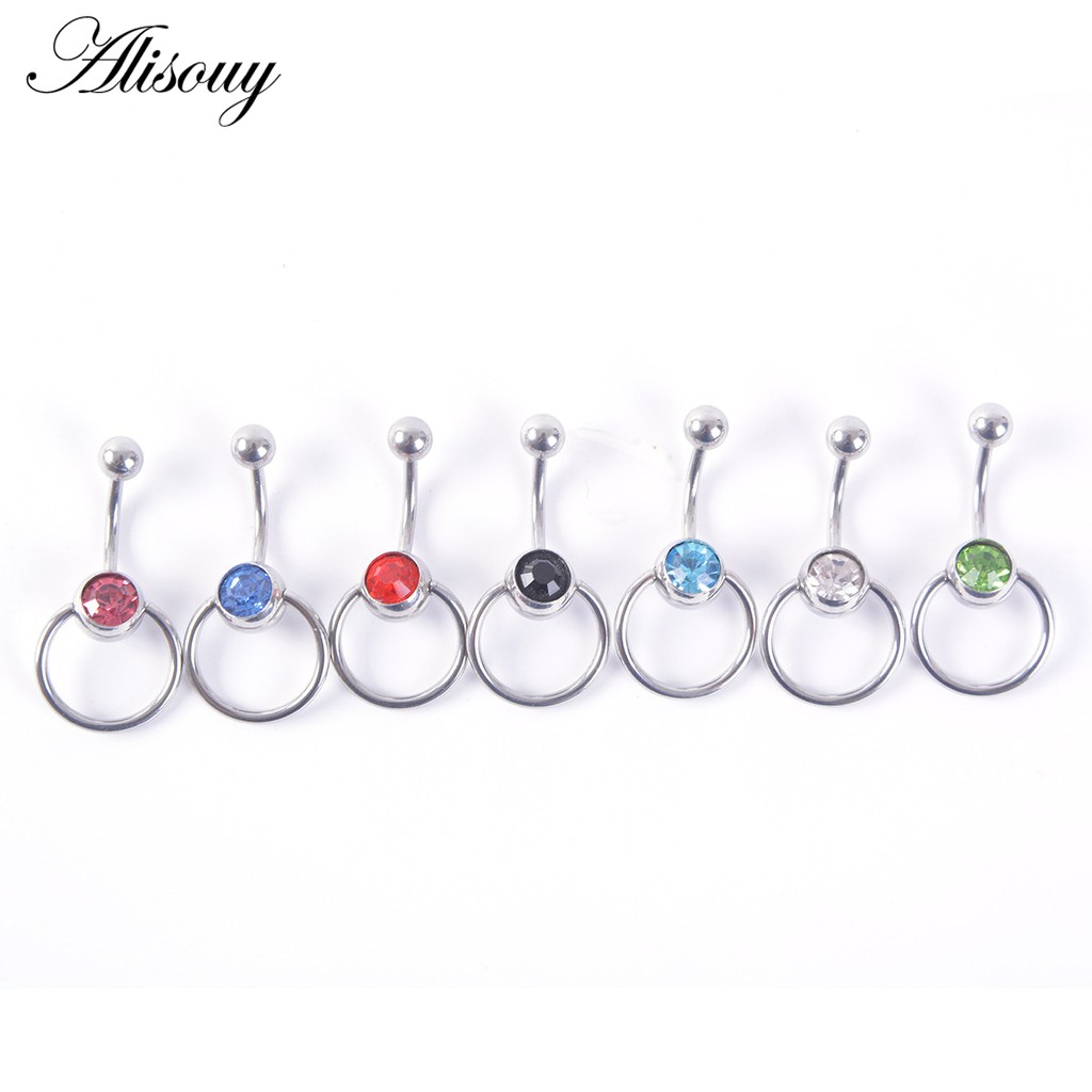 Alisouy 1 Khuyên Rốn Tròn Bằng Thép Không Gỉ Đính Đá Pha Lê Xanh Lam