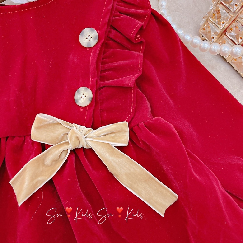 Váy nhung babydoll thắt nơ xinh xắn cho bé gái 8- 15kg