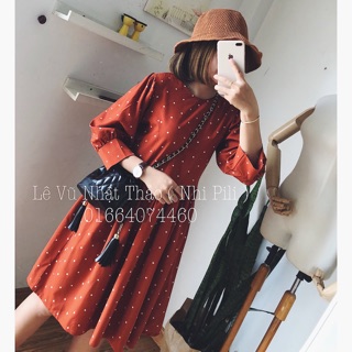 Đầm babydoll chấm bi cam đất