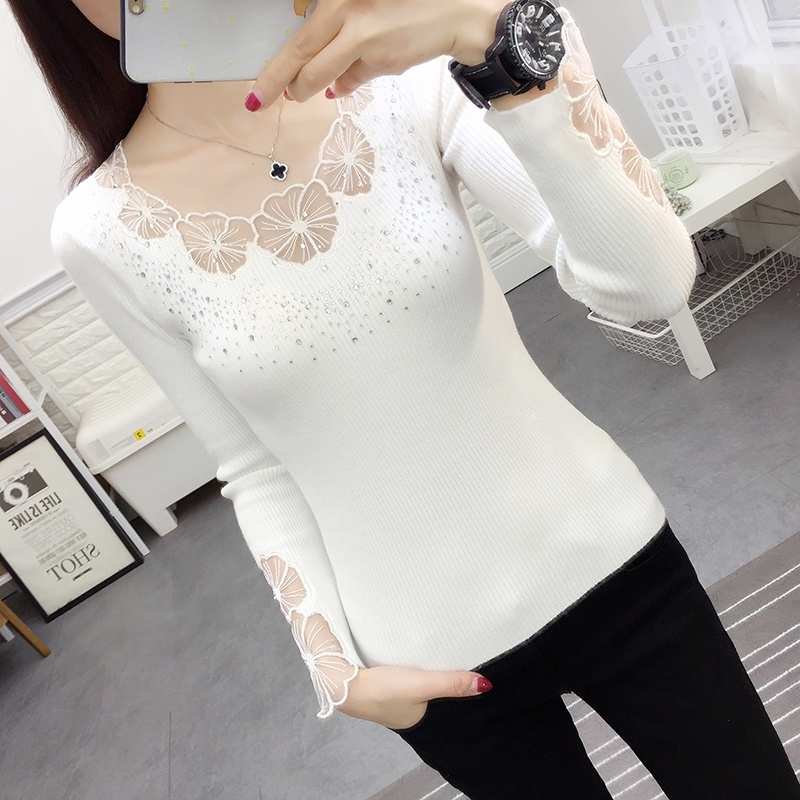 MỚI Áo len tay dài phối ren hoa thiết kế dáng rộng cho nữ