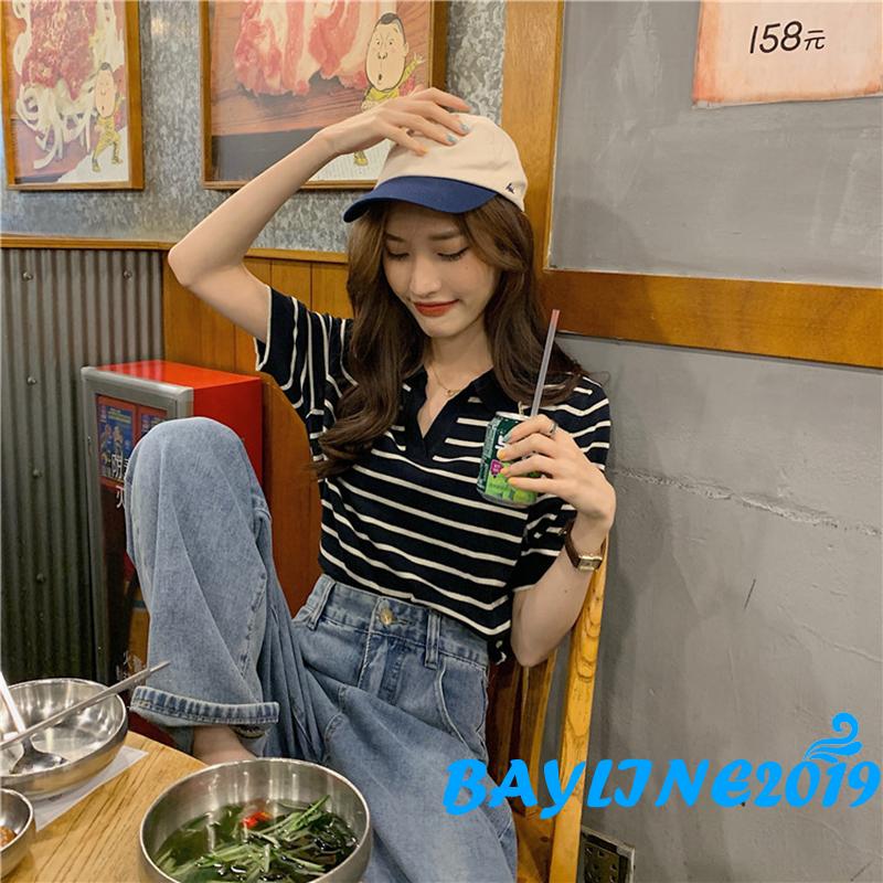 Áo Thun Polo Ngắn Tay Họa Tiết Sọc Ngang Quyến Rũ Dành Cho Nữ | BigBuy360 - bigbuy360.vn