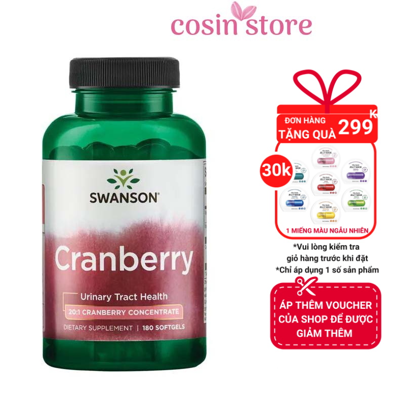 Viên uống Swanson Cranberry 20:1 Concentrate 180 viên hỗ trợ tiết niệu và thận Cosin Store