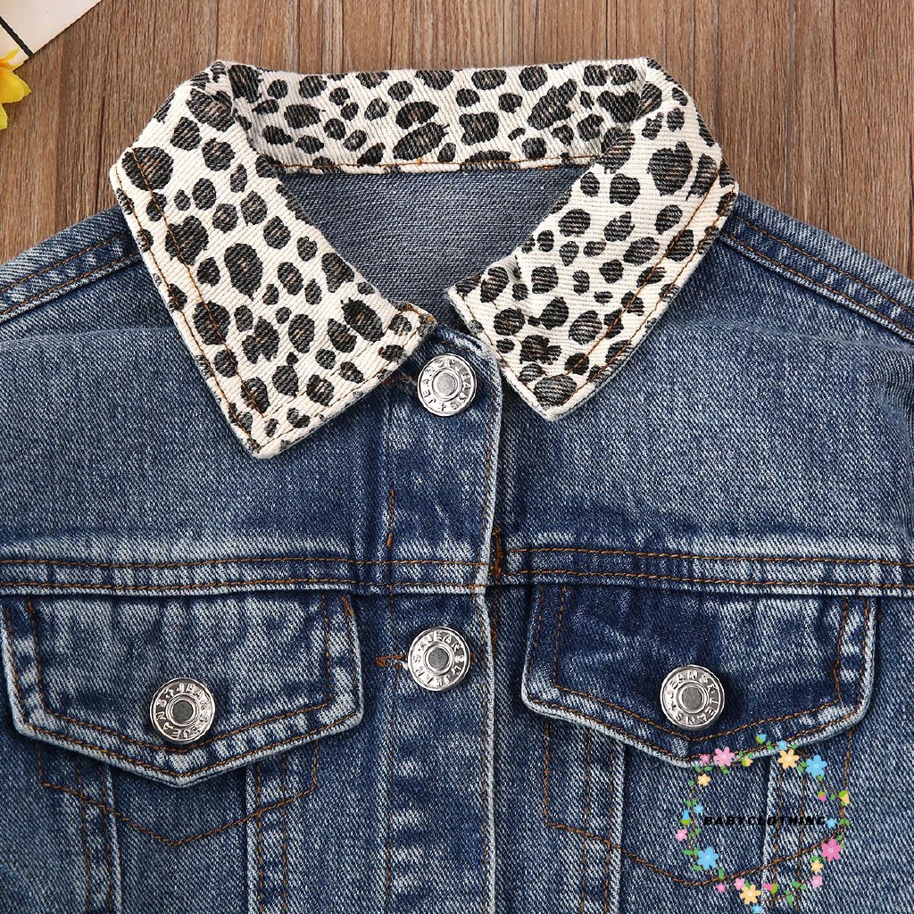 ღWSVღToddler Kids Girl Denim Blue Long Sleeve Slim Fit Jacket Leopard Turn-Down Collar Coat