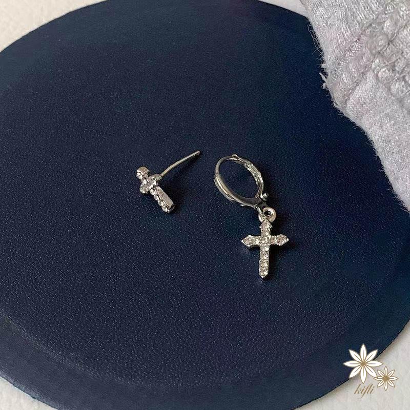 Bông Tai Bạc 925 Hình Chữ Thập Đính Kim Cương Giả Thời Trang