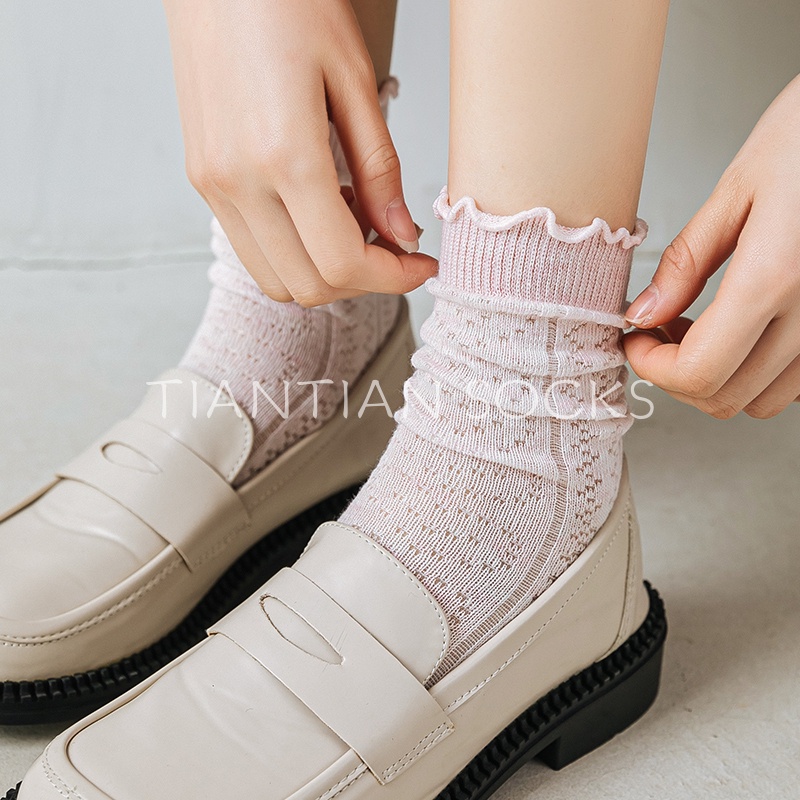 TIANTIAN T228 Tất nữ cao cổ mỏng Vớ Lưới Rỗng Bằng Cotton Thoáng Khí Màu Trơn Dễ Thương Thời Trang Mùa Hè Cho Nữ