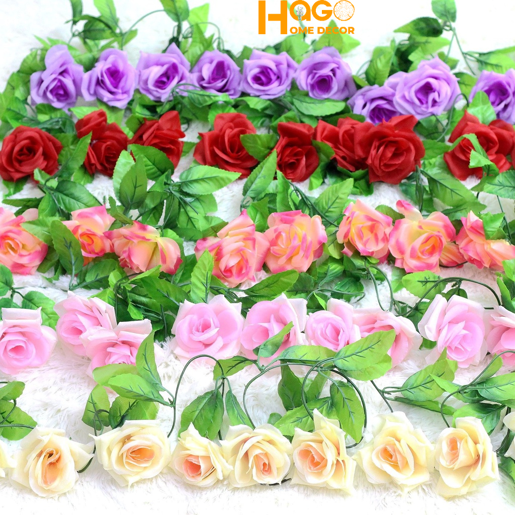 Hoa Giả, dây hoa hồng leo 2m4 gồm 9 bông hoa trang trí nhà cửa, ban công, lớp học, làm giỏ hoa treo tường