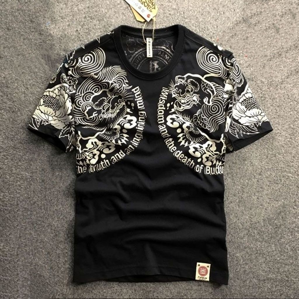 Áo Thun Tay Ngắn Dáng Ôm In Hình Đầu Hổ Phong Cách Trung Hoa Thời Trang Cho Nam