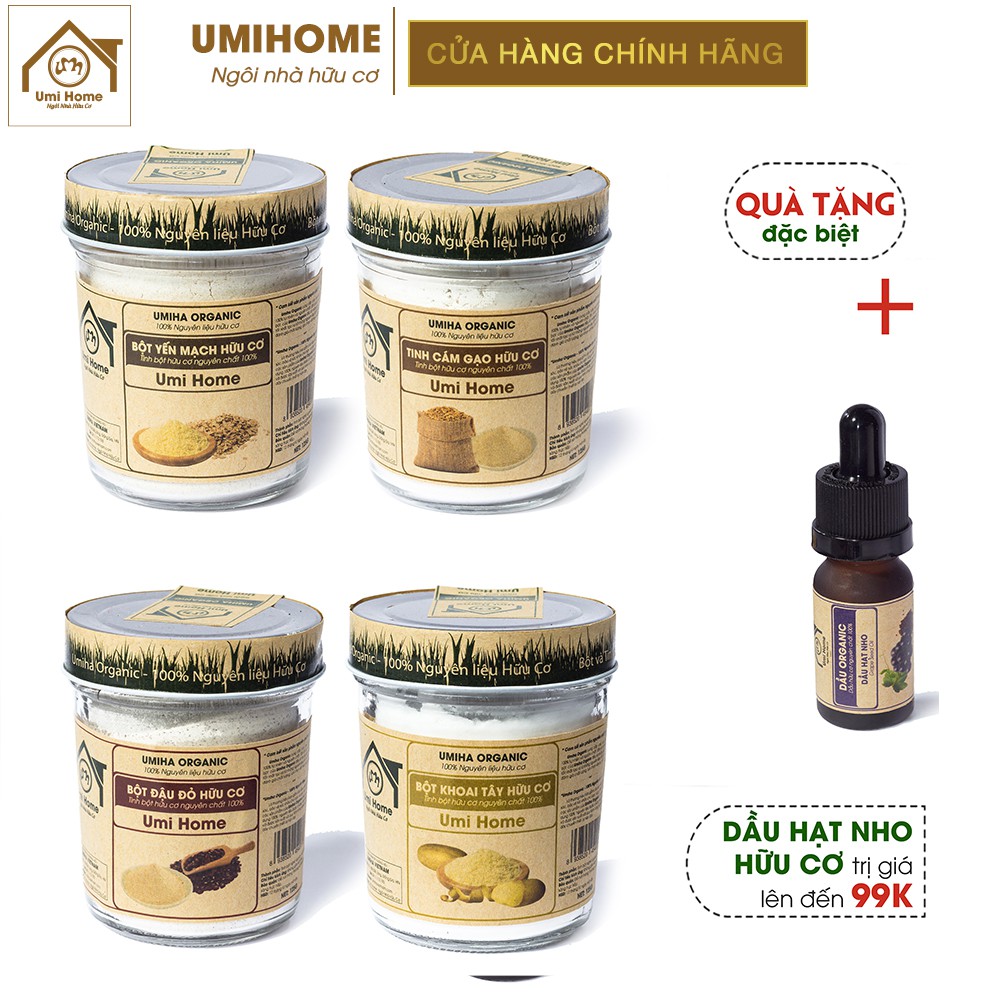 Combo 4 Bột hữu cơ UMIHOME gồm Bột Cám Gạo, Bột Đậu Đỏ, Yến Mạch, Khoai Tây (135g x 4) nguyên chất-Tặng Dầu Hạt Nho 10ml