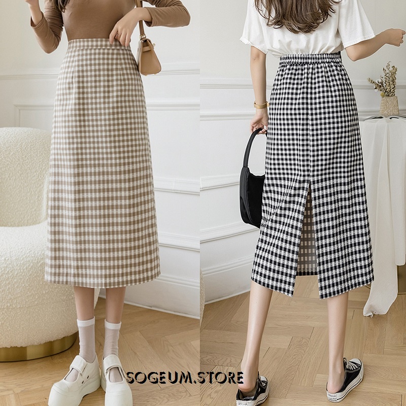 Chân váy kẻ caro Midi cạp cao, chân váy chữ A dài xẻ tà phía sau sogeum.store