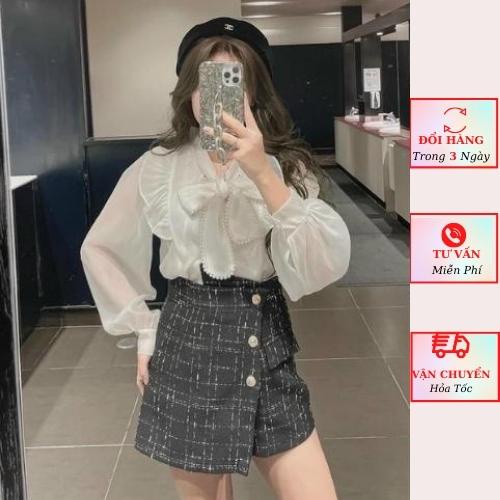 Áo sơ mi voan tơ nữ tay bồng cổ nơ ngọc tiểu thư bánh bèo ulzzang Hàn Quốc
