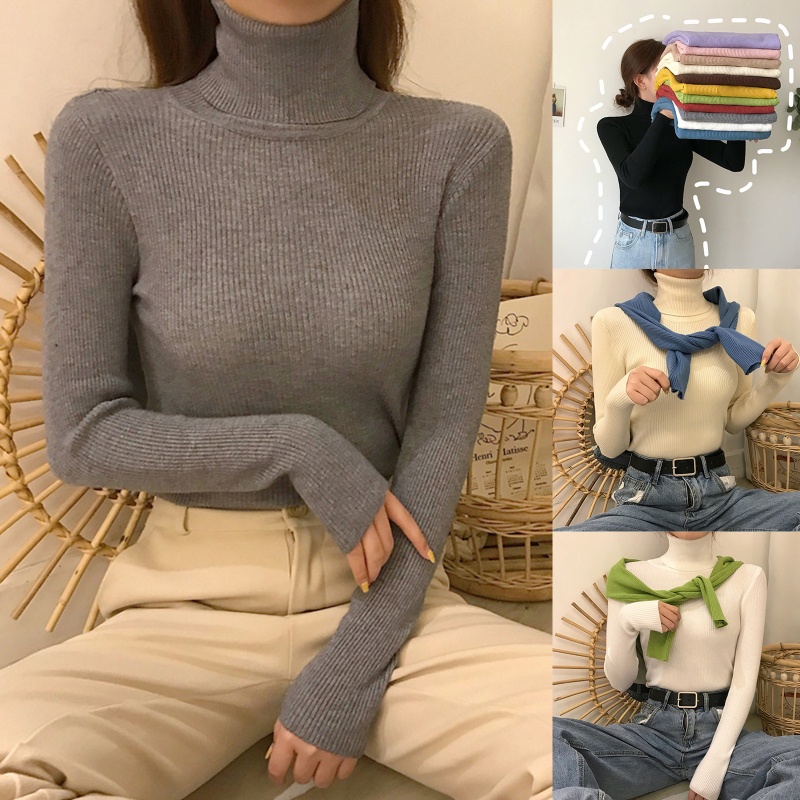 Áo Sweater Dệt Kim Cổ Lọ Tay Dài Màu Sắc Xinh Xắn Cho Nữ