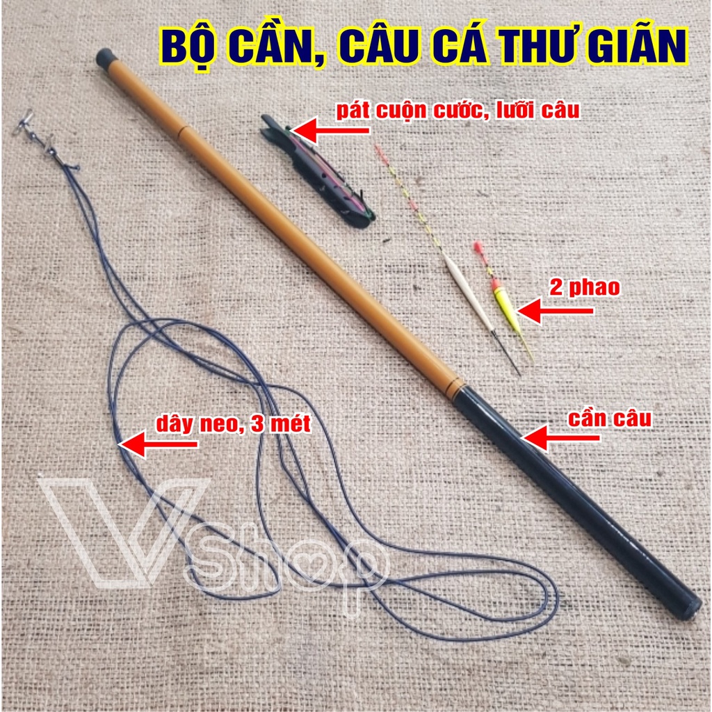 Cần câu tay carbon, câu đơn, kèm cước, lưỡi, phao, dây neo cần, pát quấn cước.