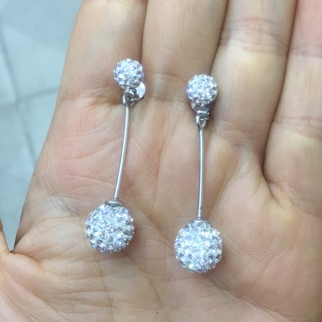 Khuyên tai treo 2 quả pha lê nhân tạo bạc thật mạ vàng trắng