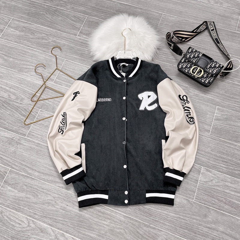 Áo Bomber Nhung Tay Da Chũ R , Tay Cổ Gấu Bo Dệt Xịn Xò