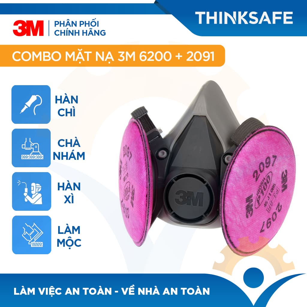Mặt nạ phòng độc 3M 6200/2097 chuyên phòng dịch, chống giọt bắn, lọc bụi mịn pm2.5, khói hàn, xịt sơn - THINKSAFE