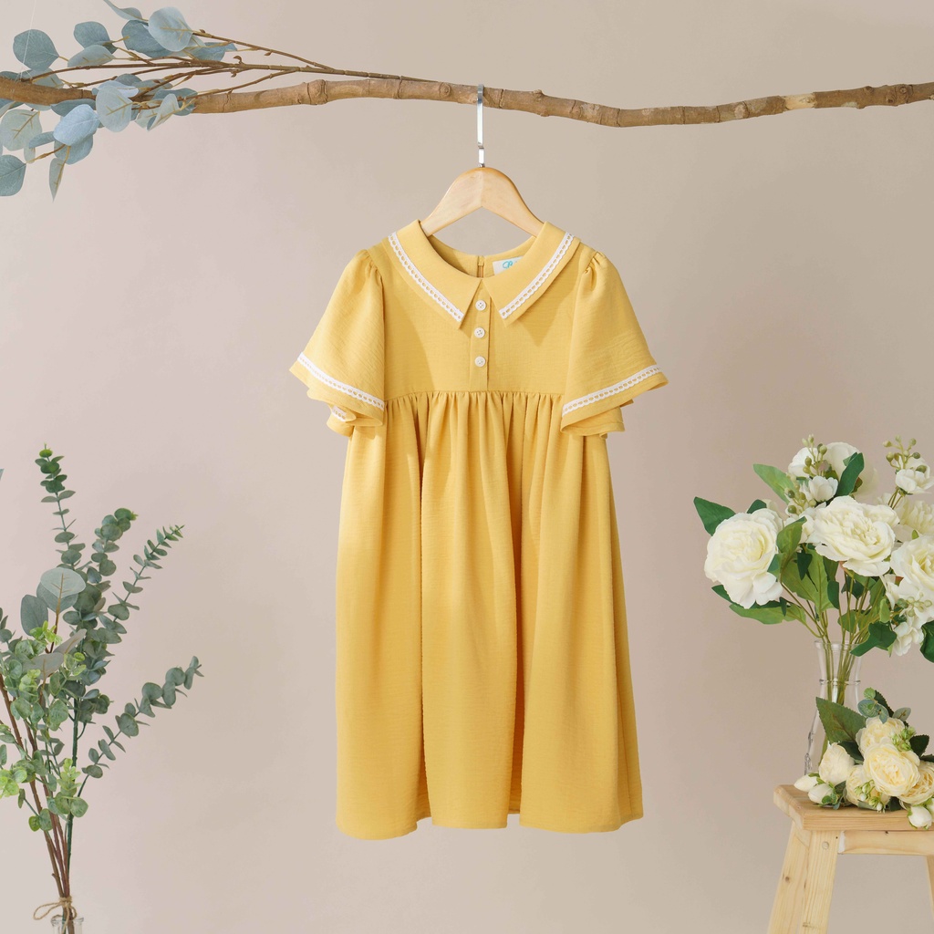 Váy Bé Gái Thiết Kế Nora Màu Vàng Nắng, Tay Áo Cánh Tiên Viền Ren BEBAE KIDSWEAR