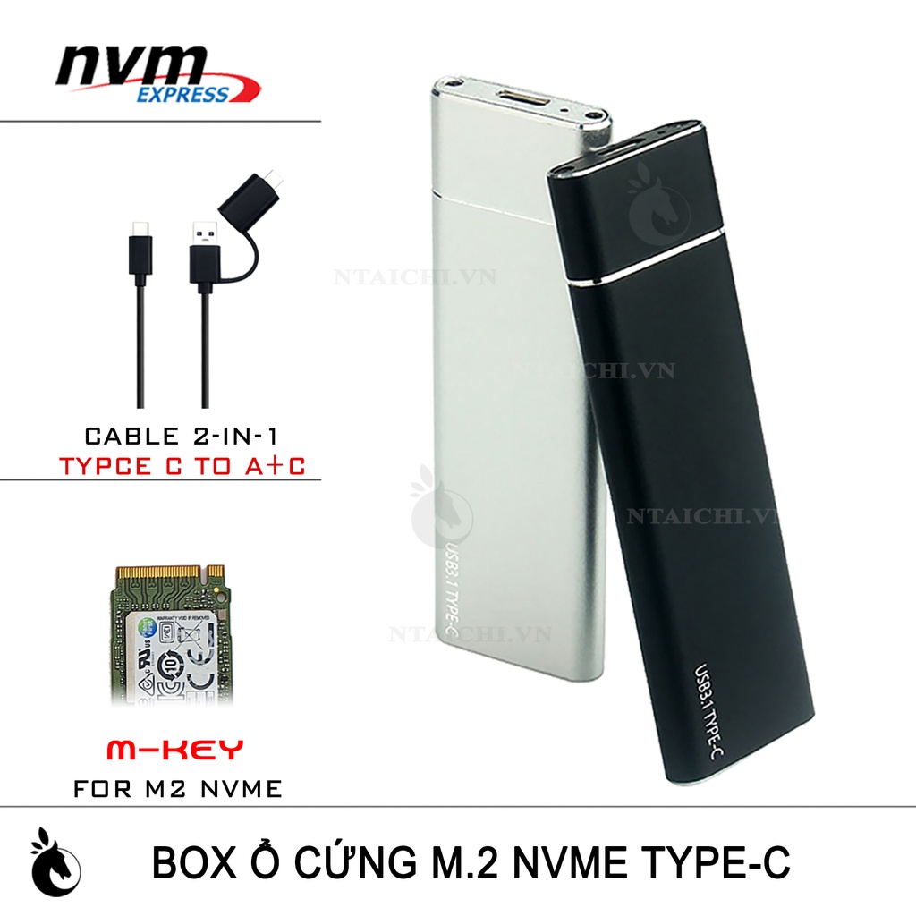 Box ổ cứng SSD M.2 NVME | USB 3.1 Type-C | Giao thức M-Key | Kèm Cáp 2 in 1 Type C to A+C