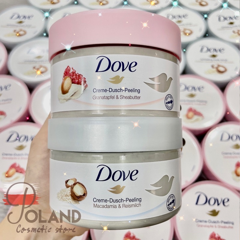 Tẩy tế bào chết Dove bản Đức lựu bơ và macca sữa gạo làm sạch da body, dưỡng trắng, cấp ẩm hũ 225gr