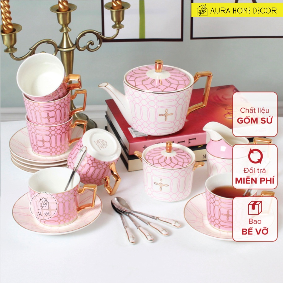 ✨ ẢNH THẬT ✨ Bộ ấm trà kim cương hồng 21 món Bone China dát v.àng 24K - Chất liệu cao cấp sang trọng tuyệt đối