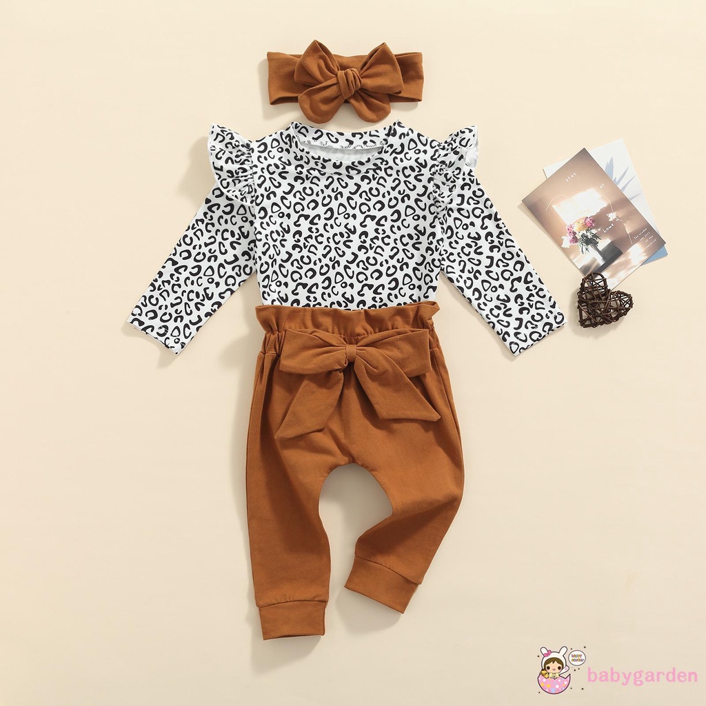 Bộ 3 Món Áo Liền Quần Tay Dài Họa Tiết Da Báo Phối Bèo + Quần Dài + Băng Đô Nơ Dễ Thương Cho Bé Gái