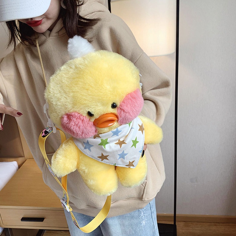 Túi đeo chéo đeo vai vải lông thiết kế kiểu chú vịt hoạt hình xinh xắn đáng yêu cho nữ bé gái