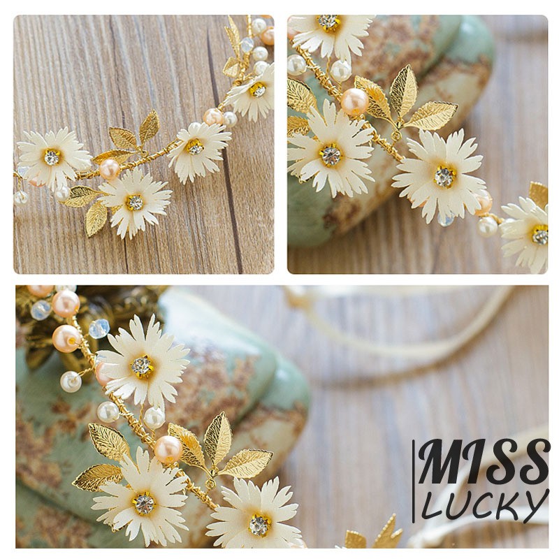 Băng đô đính hoa lá kèm dây ruy băng xinh xắn cho nữ