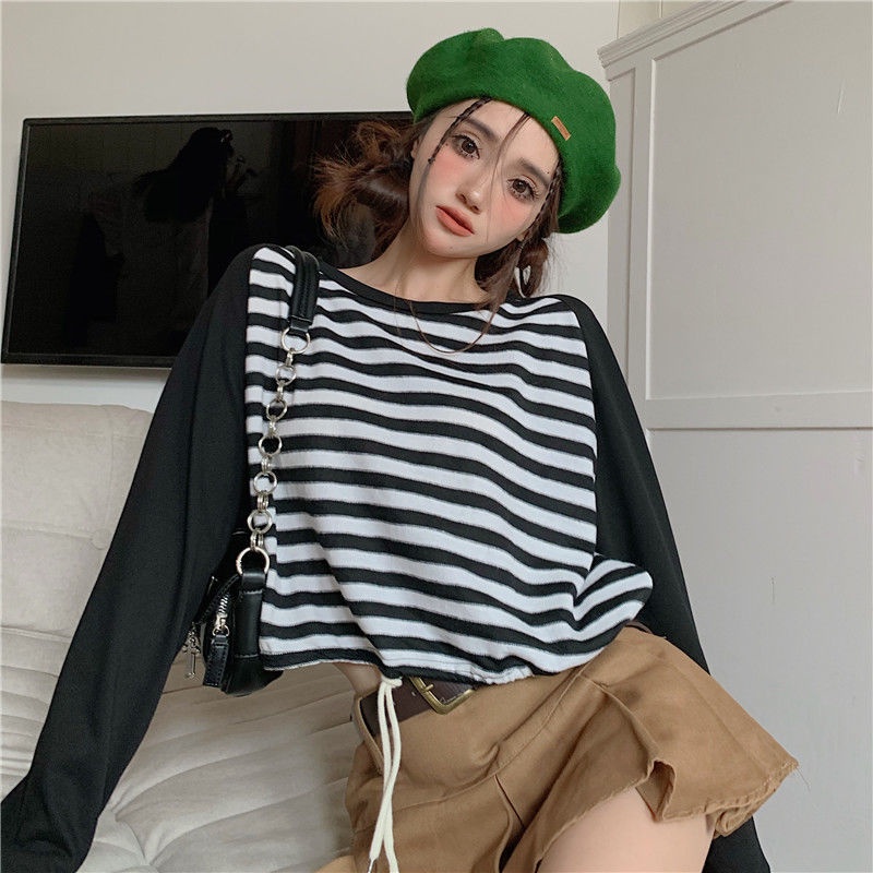Áo Thun Ngắn Họa Tiết Kẻ Sọc Dễ Thương Phong Cách Hàn Quốc Thời Trang Cho Nữ