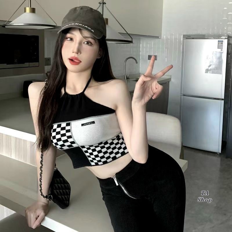 Áo yếm croptop phối caro cá tính