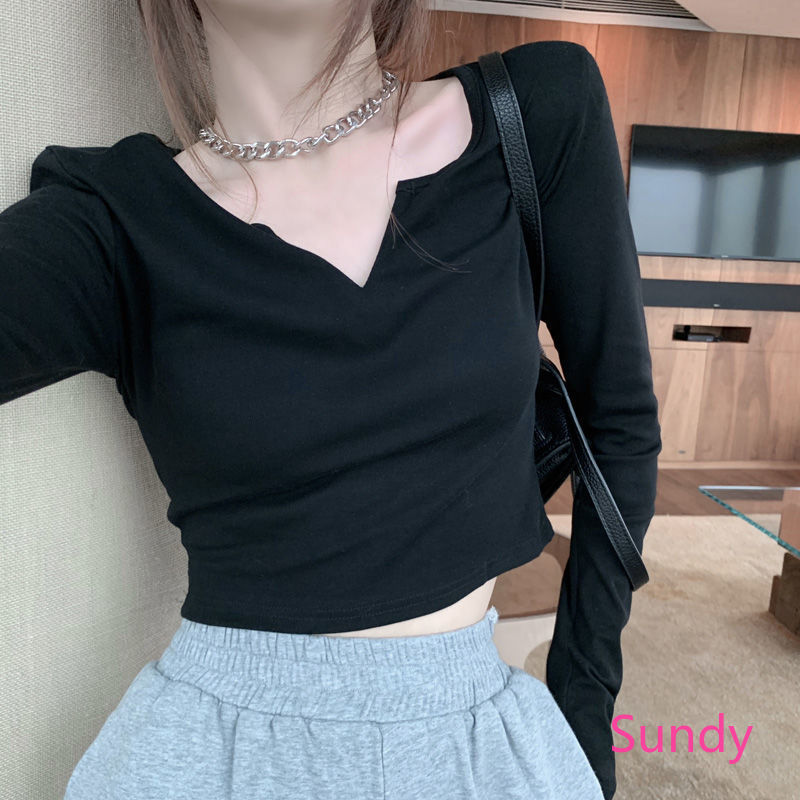 Áo Croptop Tay Dài Cổ Chữ V Thiết Kế Ôm Sát Tôn Dáng