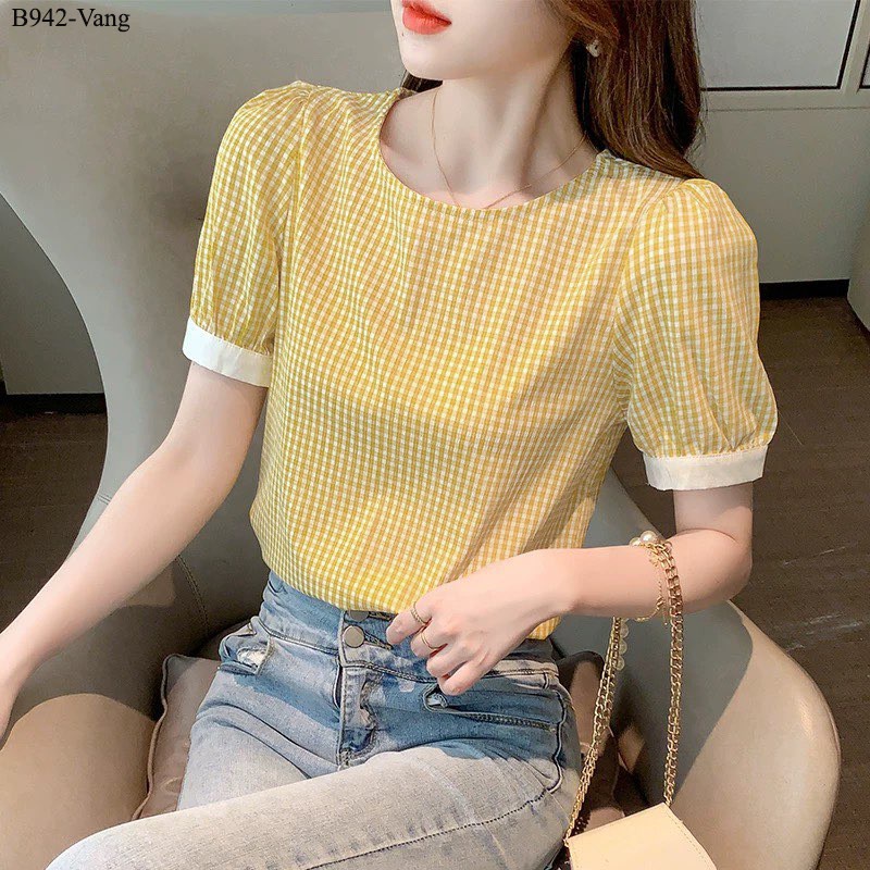 Áo sơ mi công sở nữ vải caro cotton mềm thoáng mát áo sơ mi nữ thiết kế tay bồng phối viền trắng xinh xắn LAMO - B942