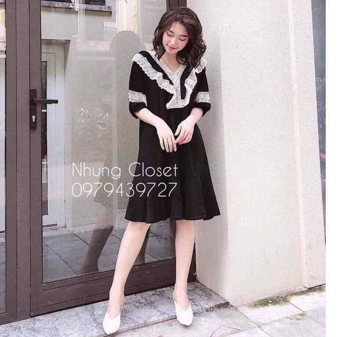 Đầm MANGO xuất xịn xoè form A viền cổ V ren màu đen siêu mát