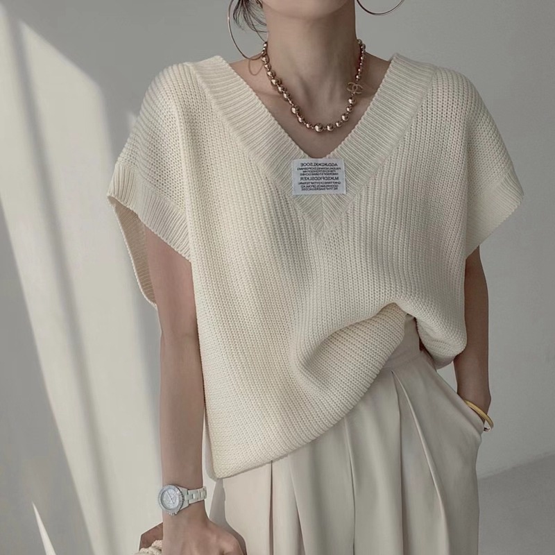 [Augustcloth] Áo len cổ chữ V rộng ngắn tay phong cách Hàn Quốc