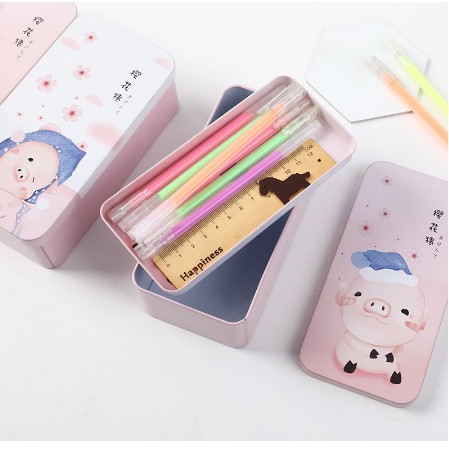 Hộp Thiếc Size Lớn 2 Tầng Đa Năng In Họa Tiết Xinh Xắn