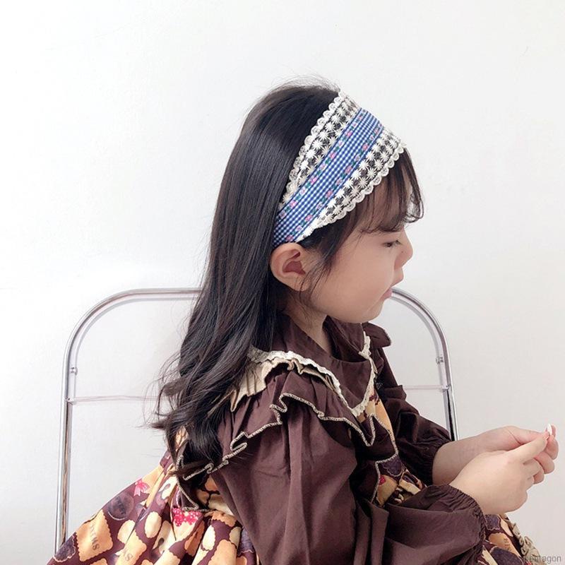 Cài tóc bé gái họa tiết sọc caro phối ren phong cách retro Hàn Quốc