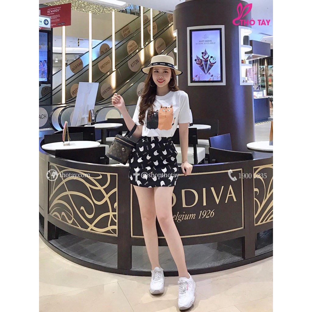 Sét Áo Thun Phối Chân Váy In Hình Mèo Ngộ Nghĩnh TTS0584