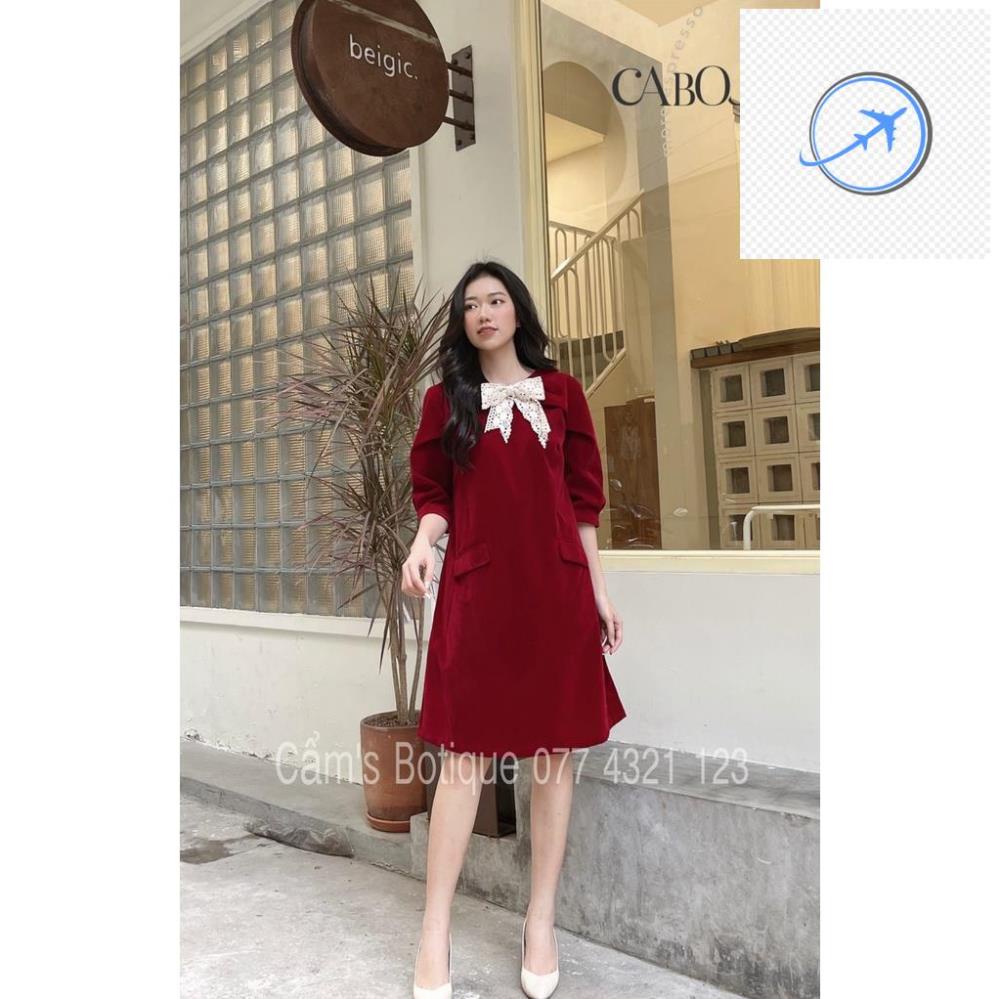 Váy nhung đỏ dáng xuông thương hiệu CABOUF thiết kế , đầm dự tiệc noel dáng suông rộng thoải mái