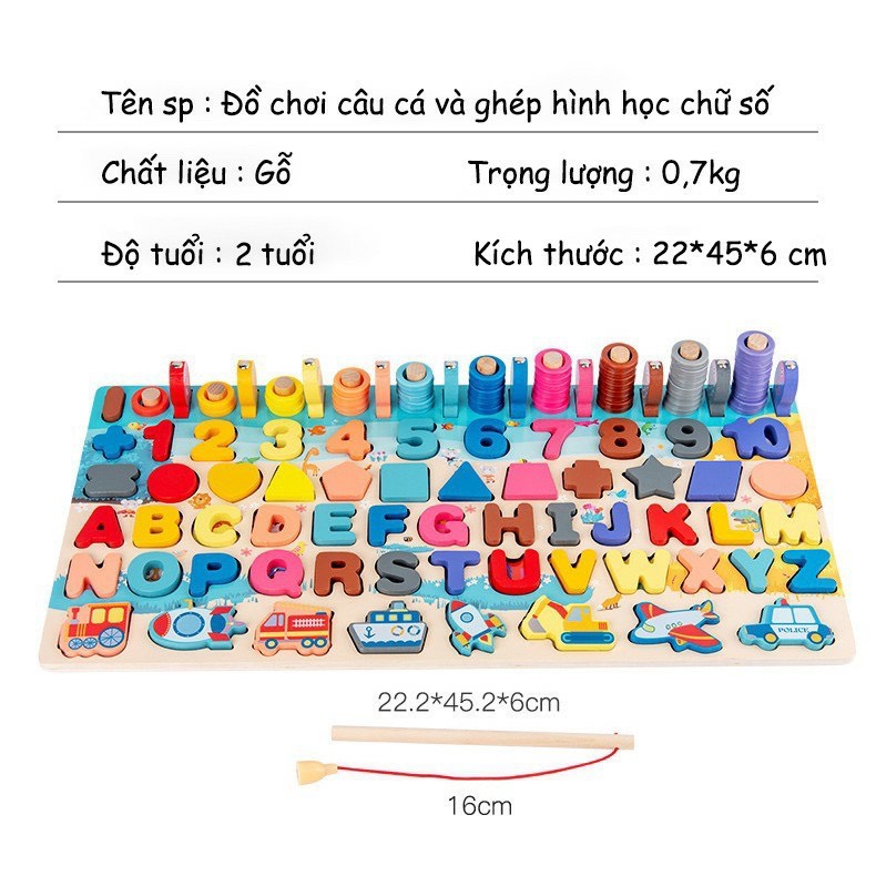Đồ chơi gỗ bộ bảng số và chữ cái cho bé, bộ 6in1 bảng số, chữ cái, câu cá thông minh cho bé