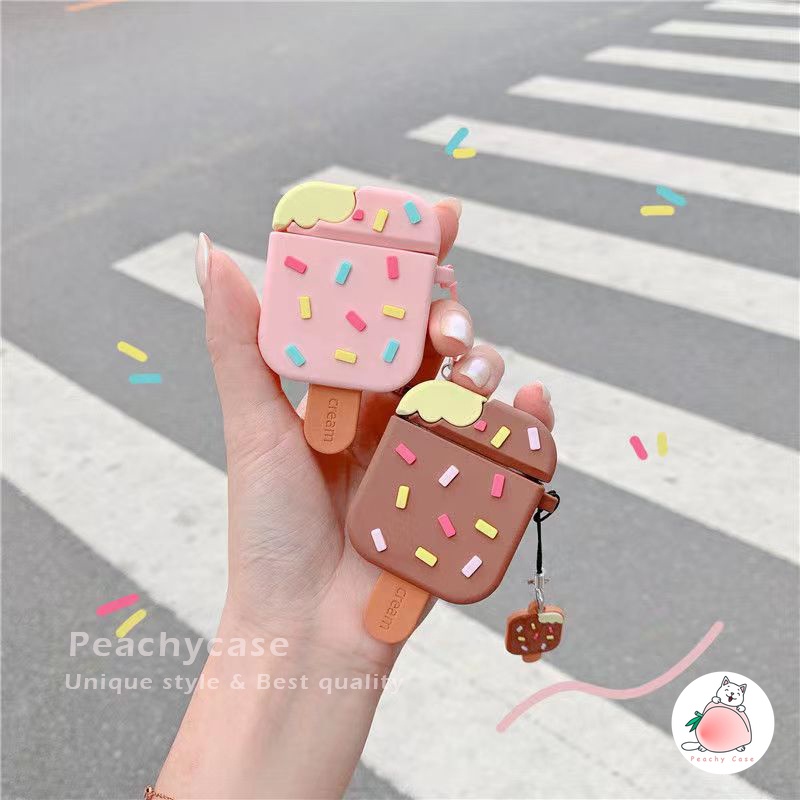 Vỏ Bảo Vệ Hộp Sạc Tai Nghe Airpods 1 2 Pro Air Pod 3 Hình Cây Kem Kèm Móc Khóa Thời Trang Mùa Hè