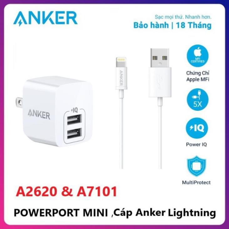 MAUH Củ Sạc 2 Cổng Anker PowerPort Mini 12W - A2620 / Dây Cáp Sạc Lightning cho iphone Chuẩn MFi Anker 0.9m A7101